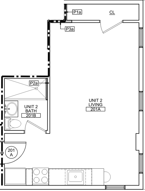 Floor plan for studio, 1 bath, 375 sqft